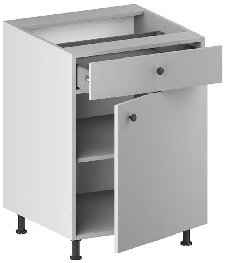 BASE CABINET. 1 drawer (InnoTech Atira drawer system), 1 door, 1 height adjustable - removable shelf, 4 legs wide