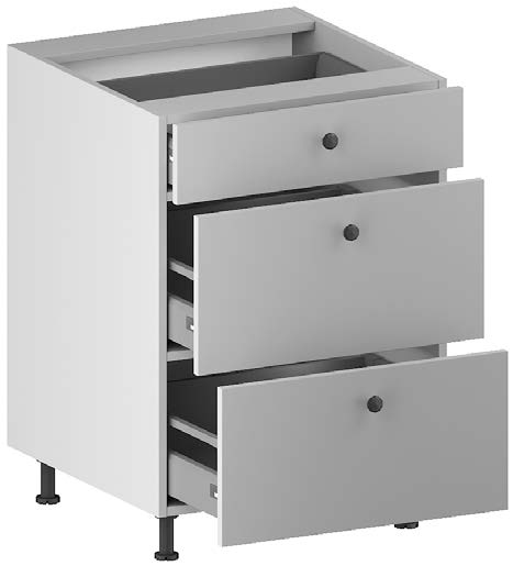 BASE CABINET. 3 drawers 1 small, 2 equal (InnoTech Atira drawer system), 4 legs