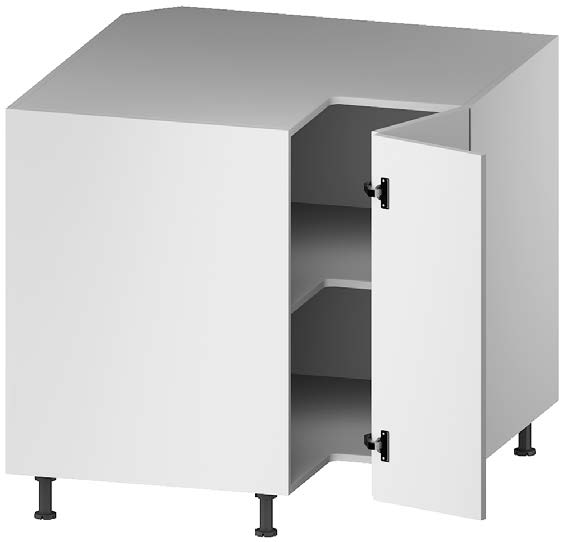 BASE CORNER CABINET. 1 bi-fold door, 1 height adjustable - removable shelf, 7 legs